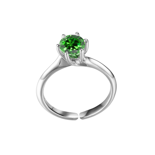 An adjustable sterling silver ring with a round-cut emerald green stone held in a six-prong solitaire setting on a plain white background.