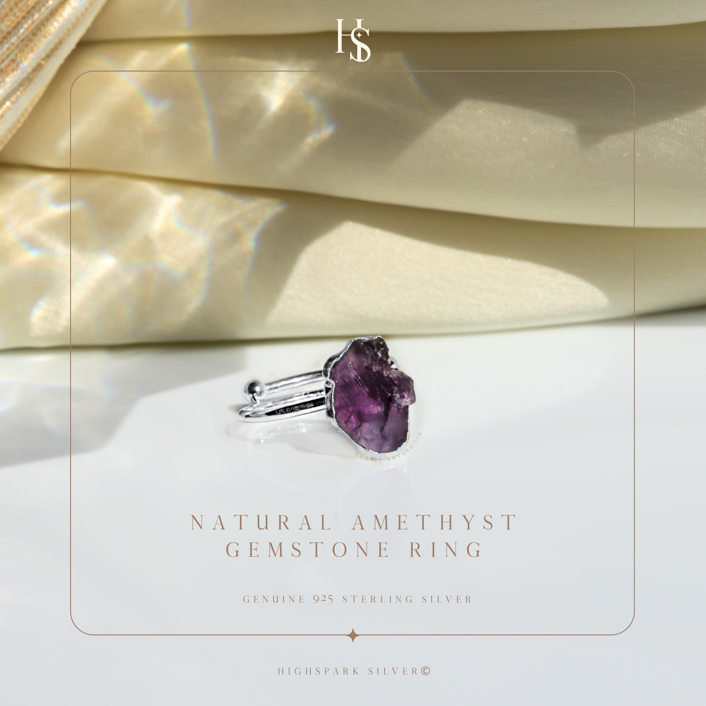 Natural Raw Gemstone Amethyst Rough Cut Adjustable Ring in 92.5 Sterling Silver