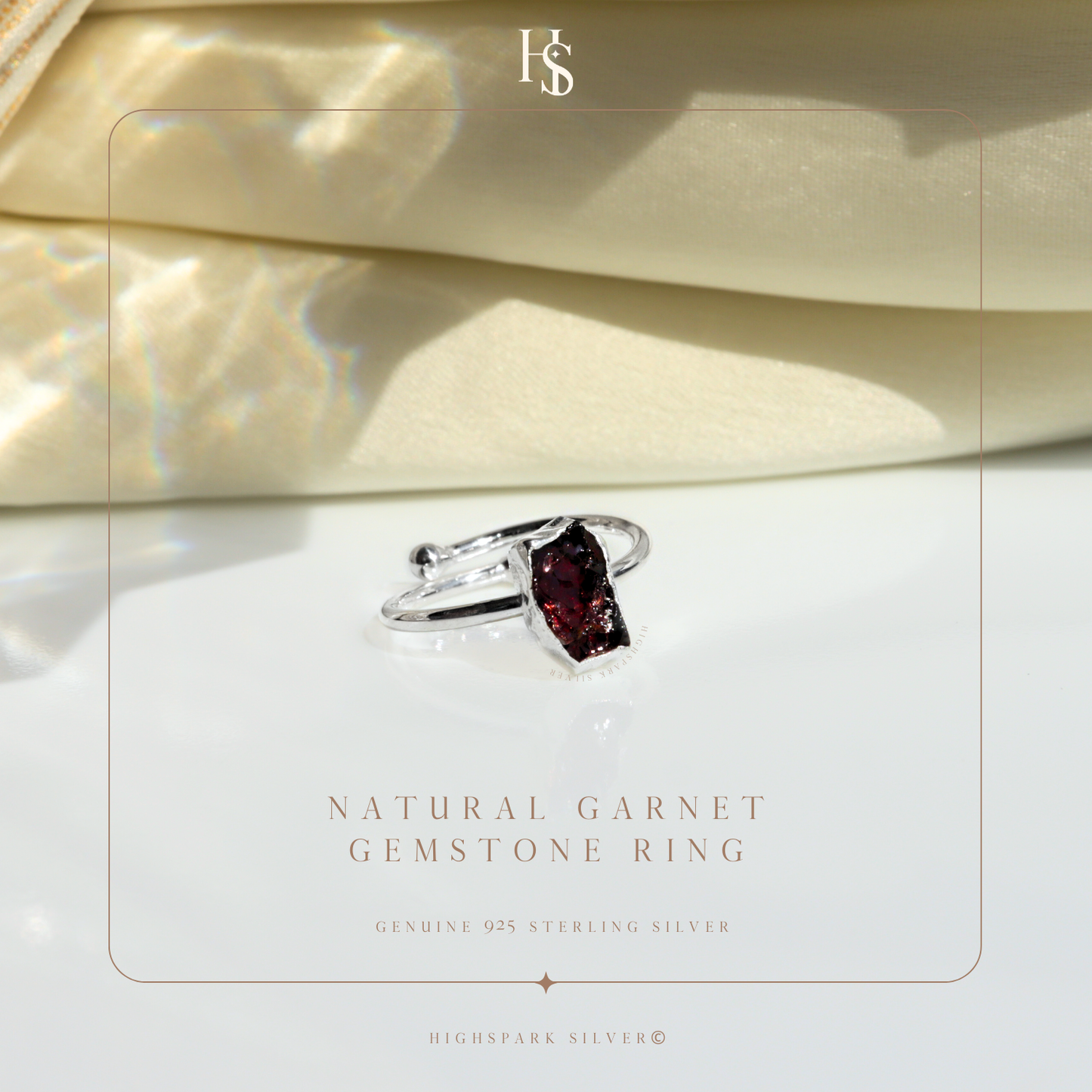 Natural Raw Gemstone Garnet Rough Cut Adjustable Ring in 92.5 Sterling Silver