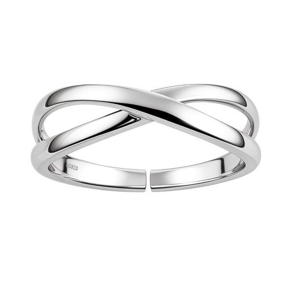 An adjustable ring with a polished crossover design in sterling silver, shown on a plain white background.