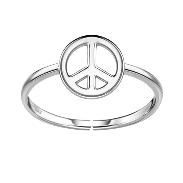 An adjustable ring with a circular peace symbol motif, crafted in polished sterling silver and shown on a white background.