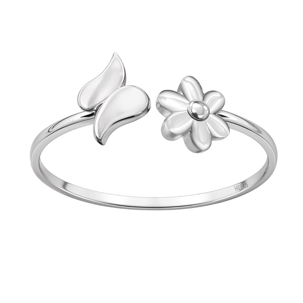 An adjustable sterling silver ring with an open design featuring a small flower on one end and a butterfly on the other.
