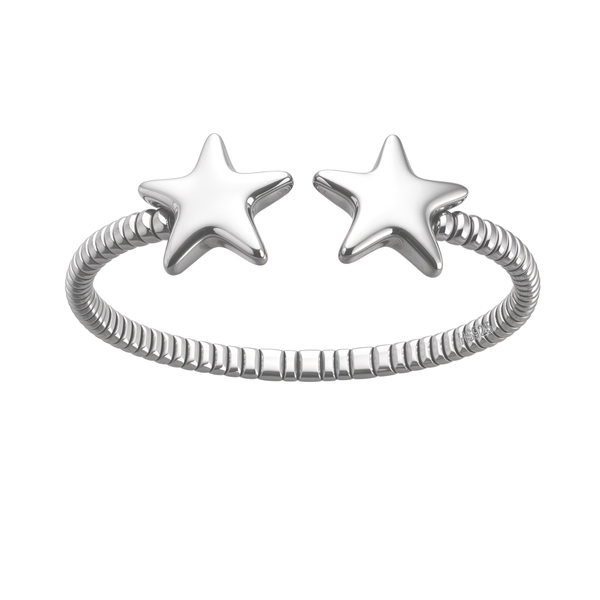An adjustable sterling silver ring with a ribbed band and two polished star motifs at the open ends, shown on a white background.