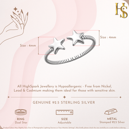 Dual Star adjustable Ring in 925 Sterling Silver for Women
