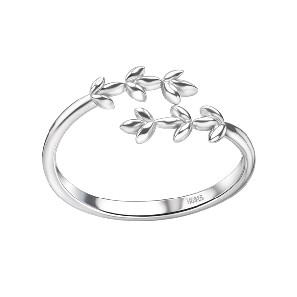 An adjustable sterling silver ring with a trailing vine motif of polished leaves on an open band, shown on a white background.