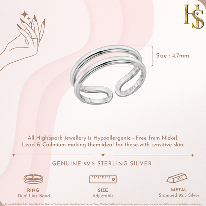 Dual Line Band Adjustable Ring in 925 Sterling Silver for Women