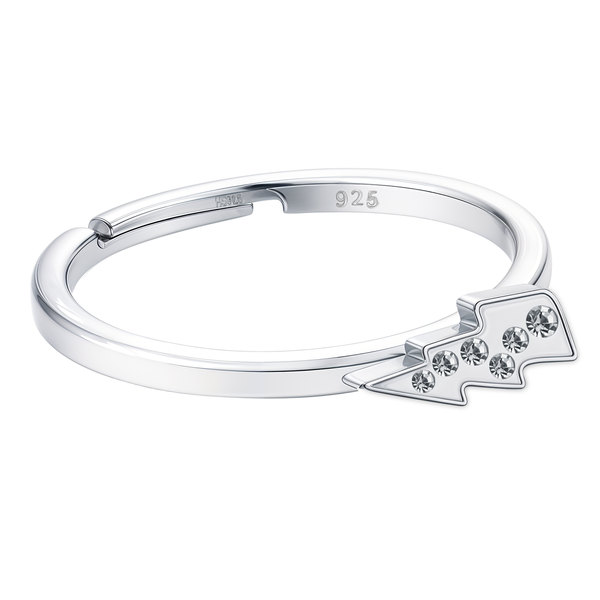 An adjustable sterling silver ring with a lightning bolt motif pavé-set with round American diamonds, shown on a white background.