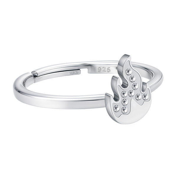 An adjustable sterling silver ring with a flame motif studded with tiny American diamonds, shown on a white background.