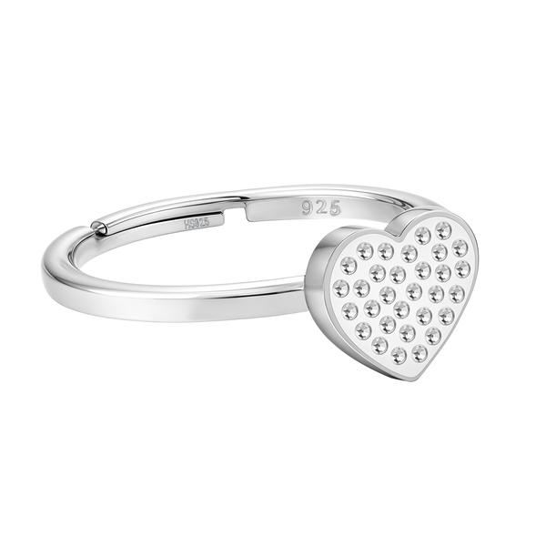 An adjustable sterling silver ring featuring a heart motif paved with tiny, round American diamonds, shown on a white background.