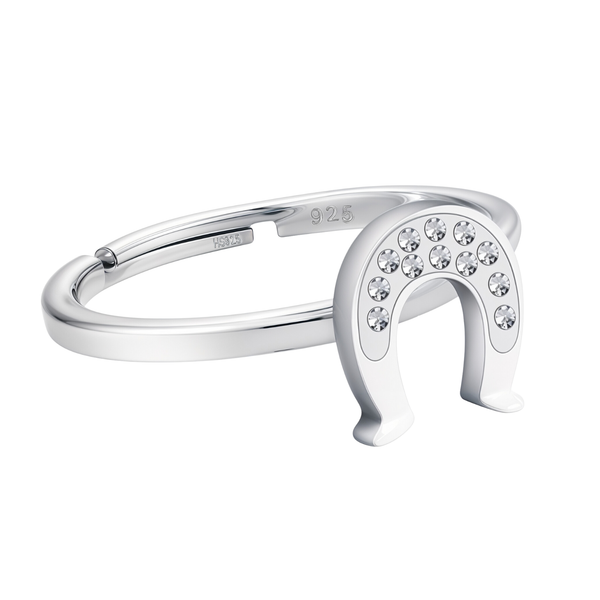 An adjustable sterling silver ring with a horseshoe motif pavé-set with round American diamonds, shown on a white background.