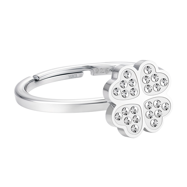 An adjustable sterling silver ring with a four-leaf clover motif paved with tiny, round American diamonds, shown on a white background.