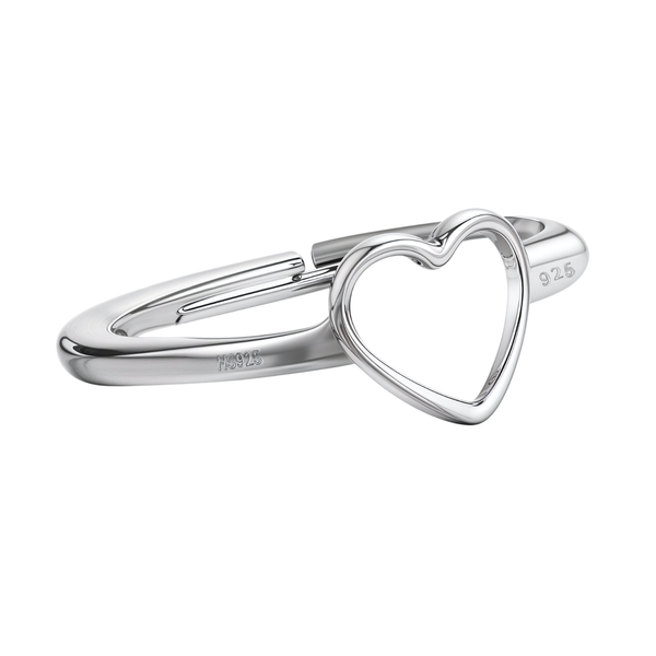 An adjustable ring with an open heart motif in polished sterling silver, shown on a plain white background.