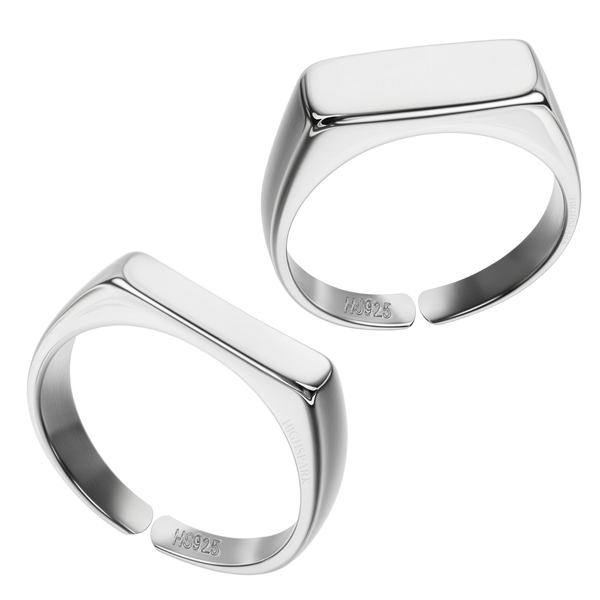 A pair of adjustable signet rings with a rectangular top and polished sterling silver finish, shown on a plain white background.