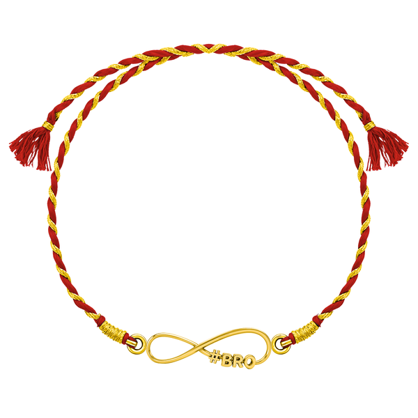A 925 sterling silver rakhi with an 18K gold finish, featuring an infinity knot with '#BRO' on a red and gold twisted thread.