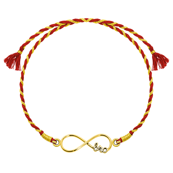A 925 sterling silver rakhi for brother with an 18K gold finish, featuring an infinity symbol with 'bro' on a red and gold braided thread.