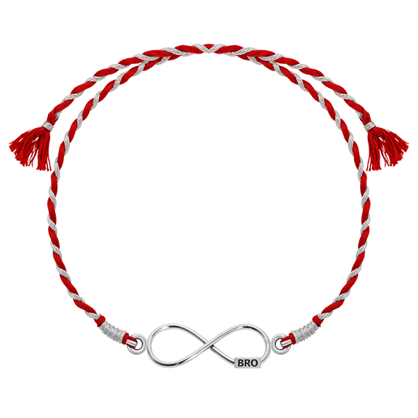 A 925 sterling silver rakhi for brother with an infinity knot centrepiece engraved with 'BRO' on a red and silver braided thread.