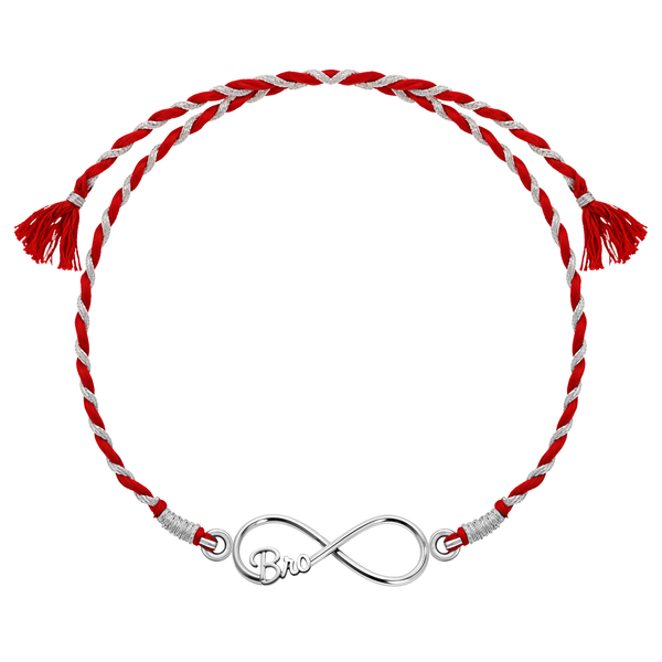 A 925 sterling silver rakhi for brother with an infinity knot motif inscribed with 'Bro' on a red and silver braided thread.