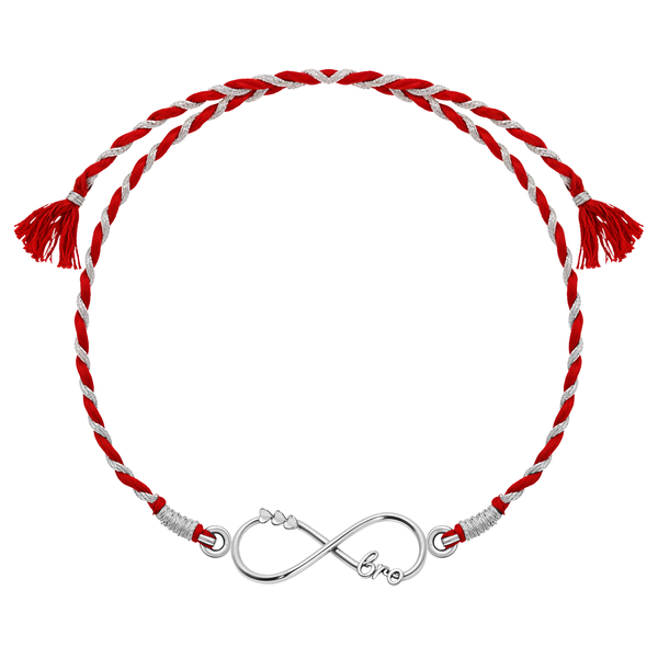 A 925 sterling silver rakhi for brother with an infinity knot centerpiece featuring 'bro' and three hearts on a red and silver thread.