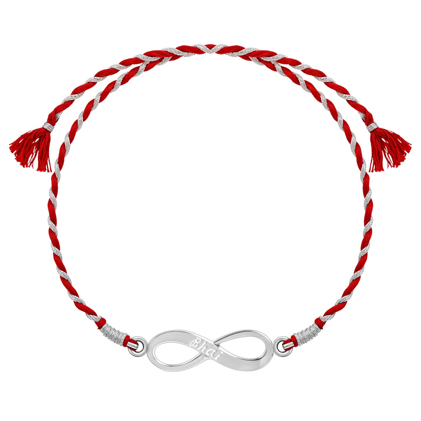 A 925 sterling silver rakhi for brother featuring an infinity knot centerpiece engraved with 'Bhai' on a red and silver braided thread.