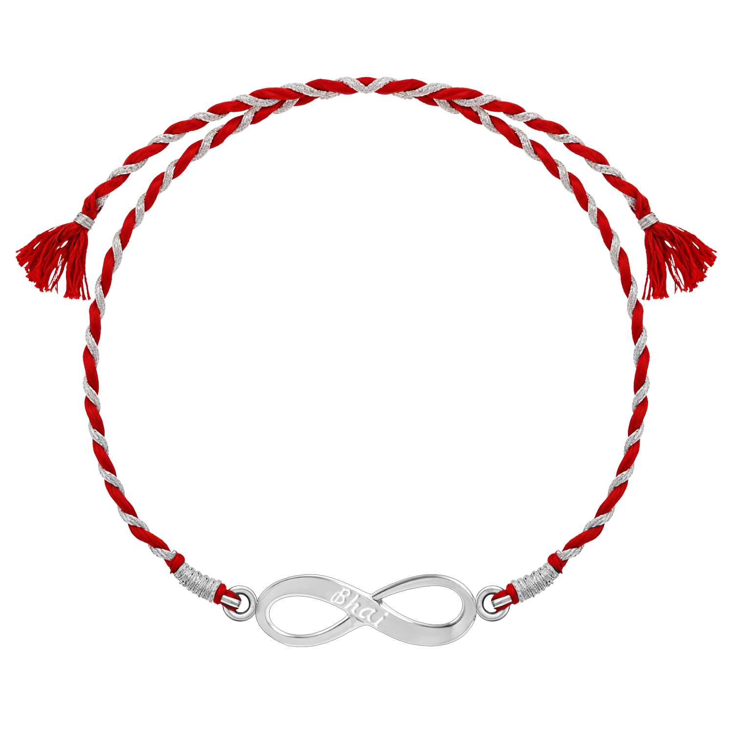 A 925 sterling silver rakhi for brother featuring an infinity knot centerpiece engraved with 'Bhai' on a red and silver braided thread.