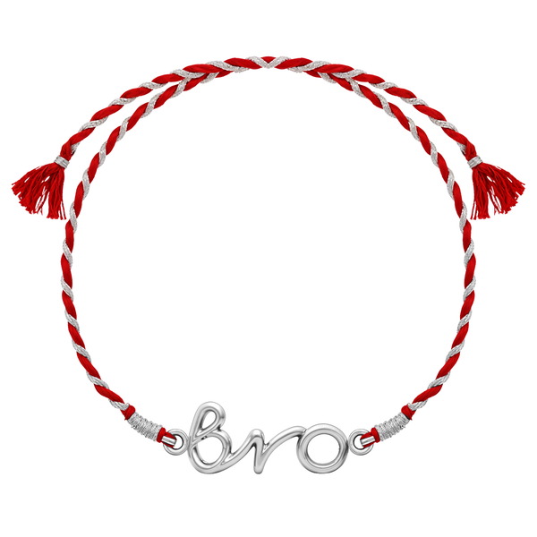 A 925 sterling silver rakhi for brother featuring a 'Bro' motif on a braided red and silver thread, shown flat on a white background.