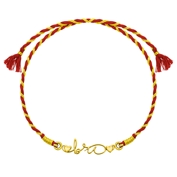 A 925 sterling silver rakhi for brother with a gold-plated 'bro' motif featuring hearts on a braided red and gold thread.