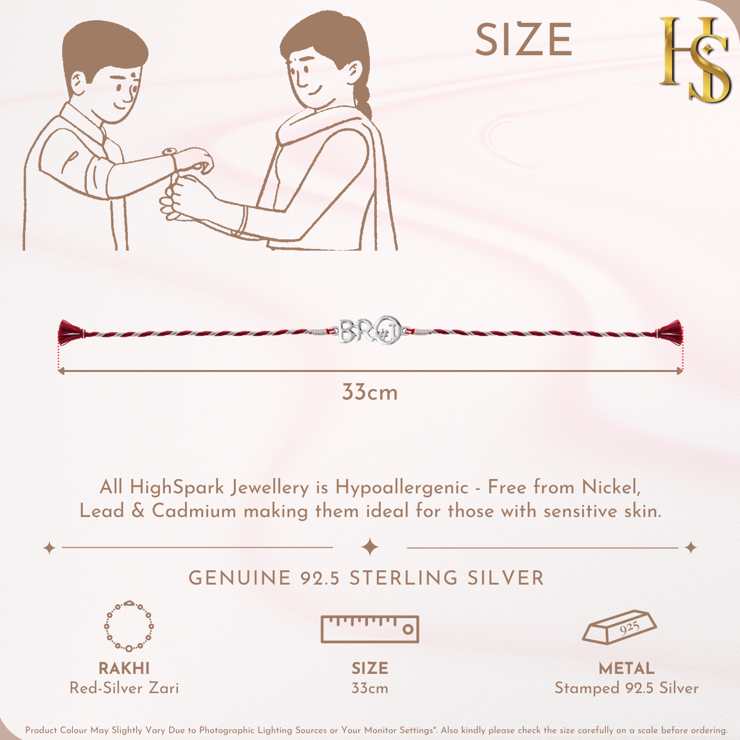 A 925 sterling silver rakhi for brother with a 'BRO' and hashtag motif, set on a twisted red and silver zari thread.