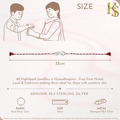 A 925 sterling silver rakhi for brother with a 'BRO' and hashtag motif, set on a twisted red and silver zari thread.