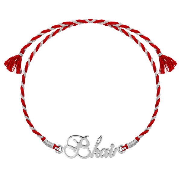 A 925 sterling silver rakhi for brother featuring a 'Bhai' motif on a braided red and silver thread, shown flat on a white background.