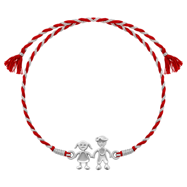 A 925 sterling silver rakhi for brother with a boy and girl holding hands motif on a twisted red and silver thread.