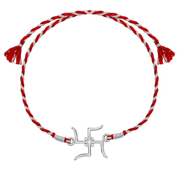 A 925 sterling silver rakhi for brother featuring a swastik motif with American diamonds on a red and silver braided thread.