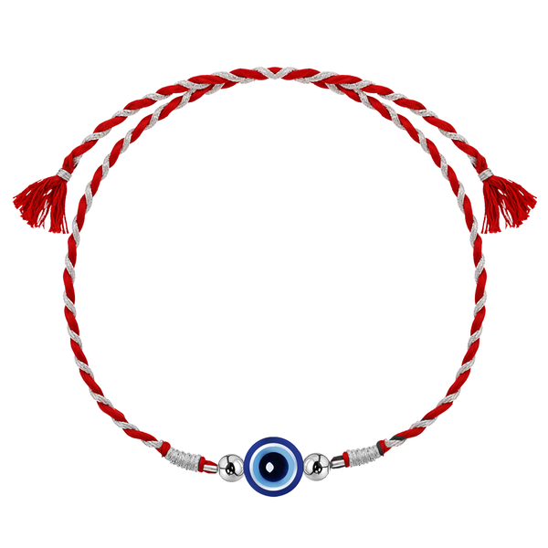 A 925 sterling silver rakhi for brother with a blue evil eye centerpiece on a twisted red and silver thread, shown on a white background.