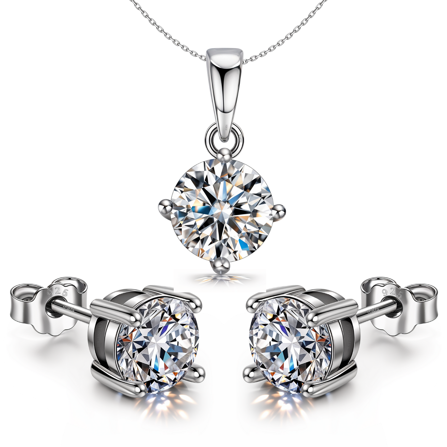 Solitaire Set - Round Earrings, Pendant & Chain in 92.5 Silver embellished with Sparkling Zirconia