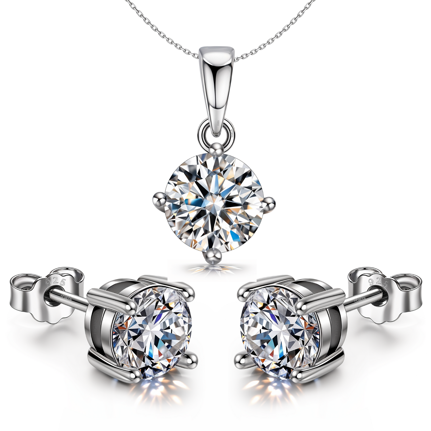 A sterling silver jewellery set with a solitaire pendant necklace and matching stud earrings.
