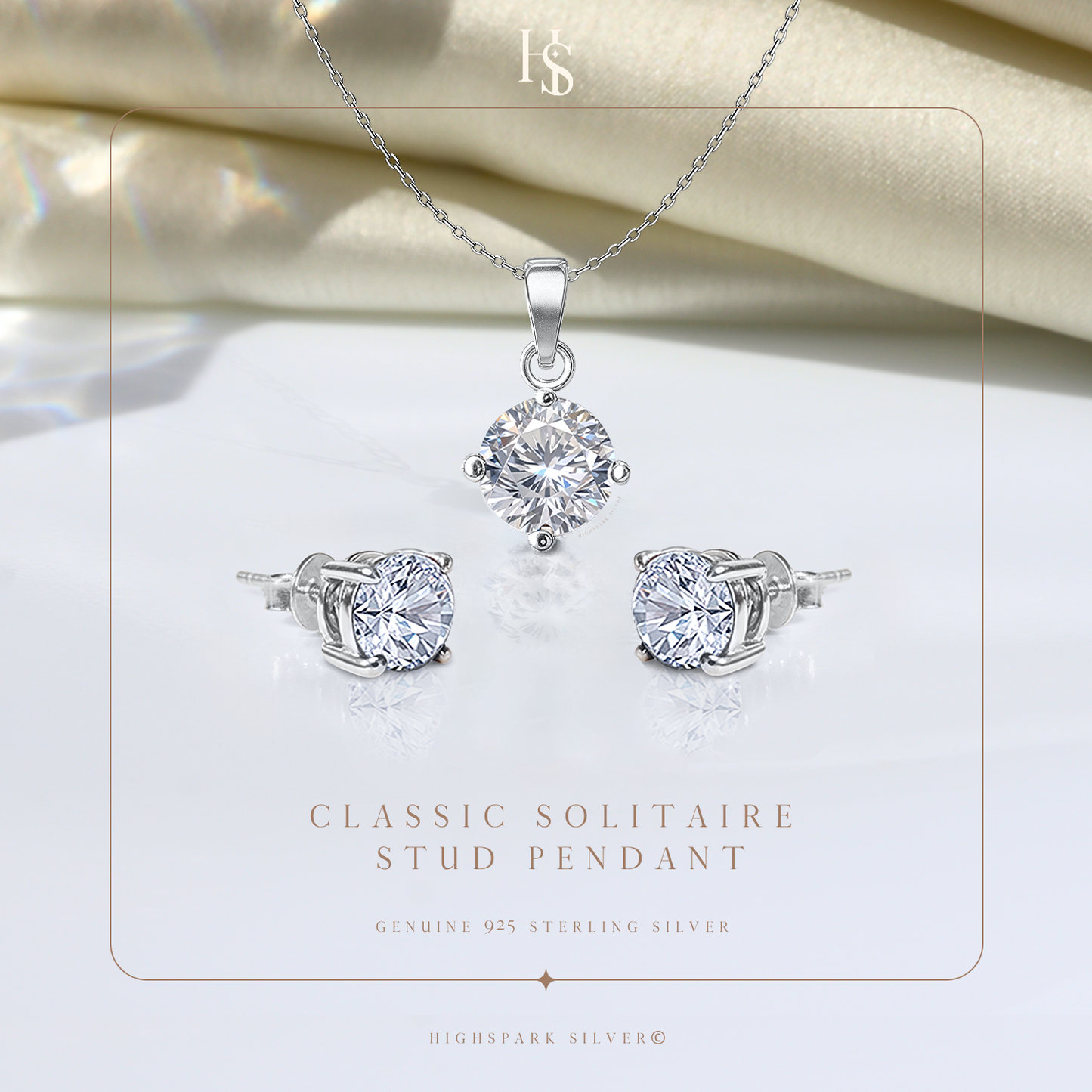 Solitaire Set - Round Earrings, Pendant & Chain in 92.5 Silver embellished with Sparkling Zirconia