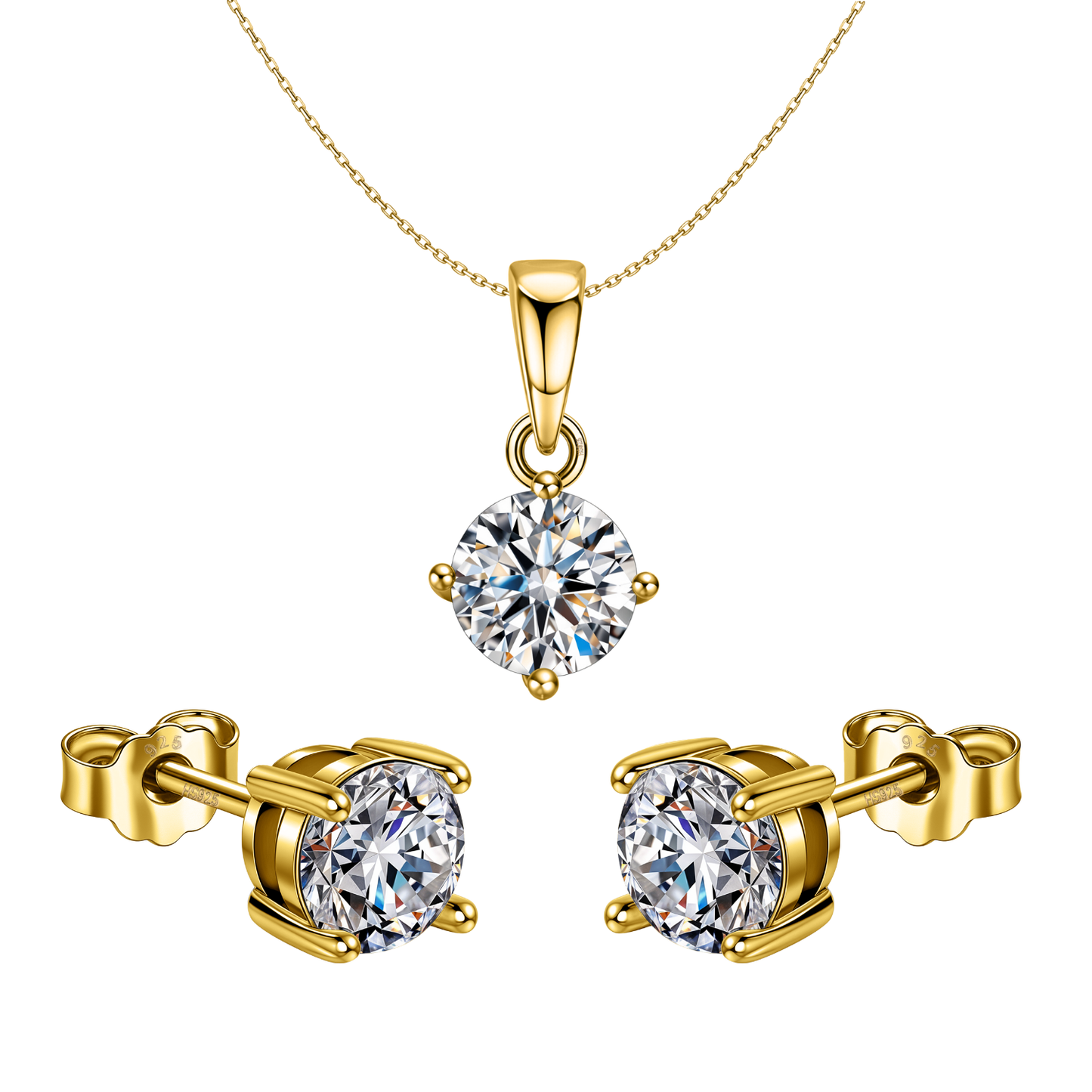 Cute Gold Finish Solitaire Stud Pendant-Set With Earrings in 925 Sterling Silver For Women