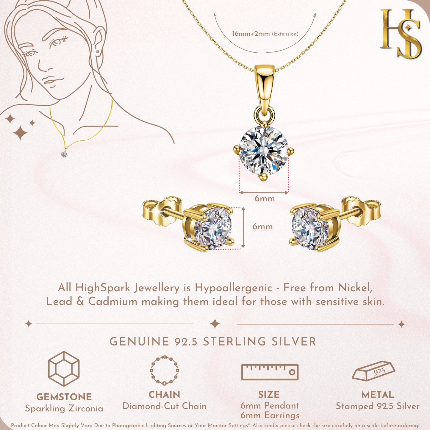 Cute Gold Finish Solitaire Stud Pendant-Set With Earrings in 925 Sterling Silver For Women