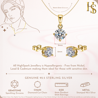 Cute Gold Finish Solitaire Stud Pendant-Set With Earrings in 925 Sterling Silver For Women