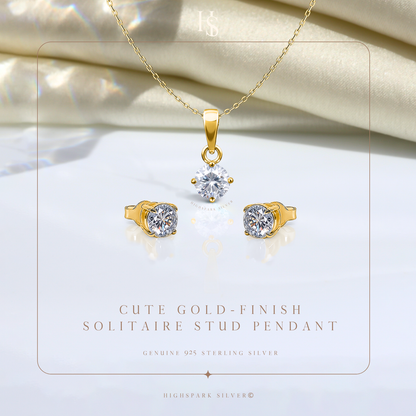 Cute Gold Finish Solitaire Stud Pendant-Set With Earrings in 925 Sterling Silver For Women