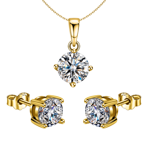 A gold-plated sterling silver pendant and stud earring set with round American diamonds in a four-prong setting, on a white background.