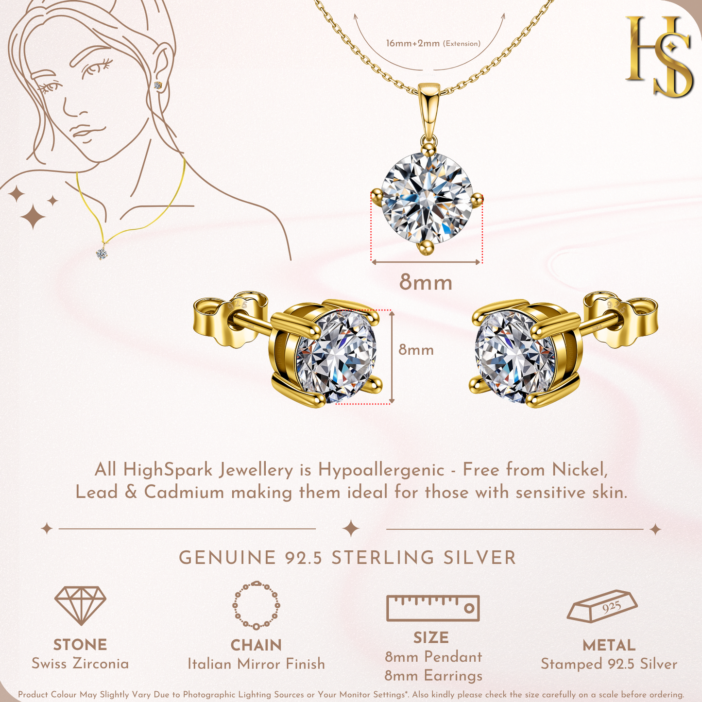 Classic Gold Finish Solitaire Stud Pendant-Set With Earrings in 925 Sterling Silver For Women