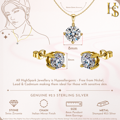 Classic Gold Finish Solitaire Stud Pendant-Set With Earrings in 925 Sterling Silver For Women