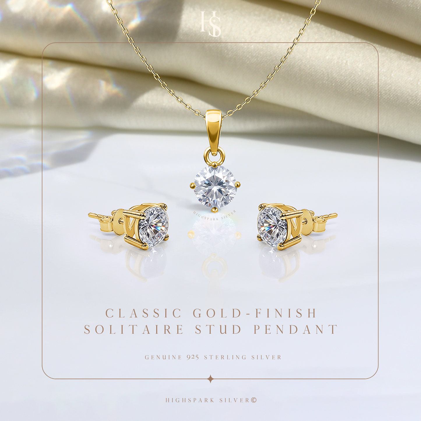 Classic Gold Finish Solitaire Stud Pendant-Set With Earrings in 925 Sterling Silver For Women