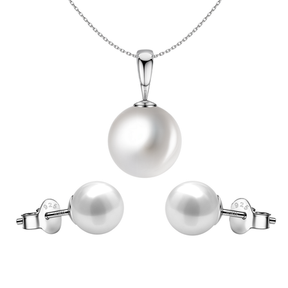 Pearl Set in 92.5 Silver Round Pearls - Earrings, Necklace & Chain Set