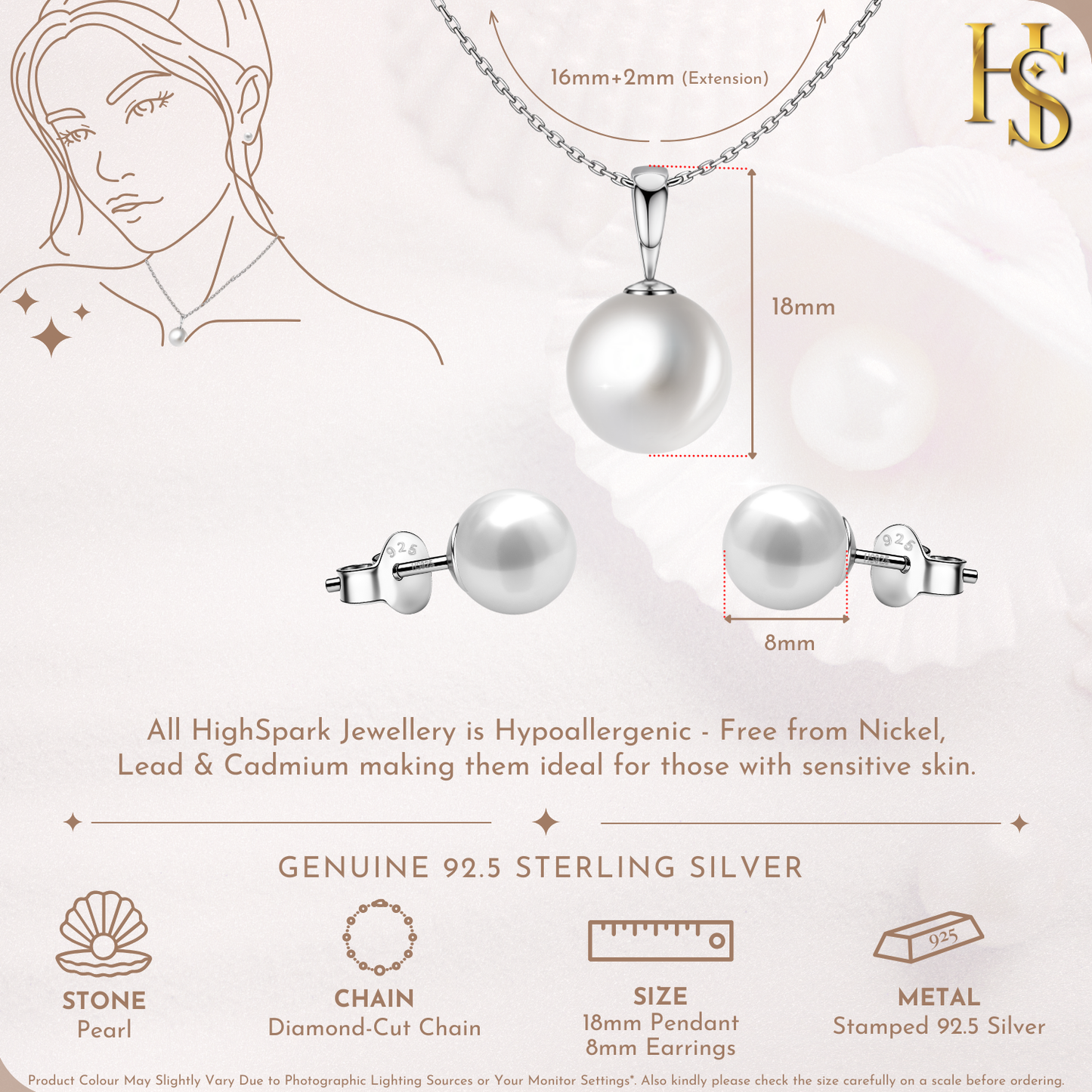 Pearl Set in 92.5 Silver Round Pearls - Earrings, Necklace & Chain Set