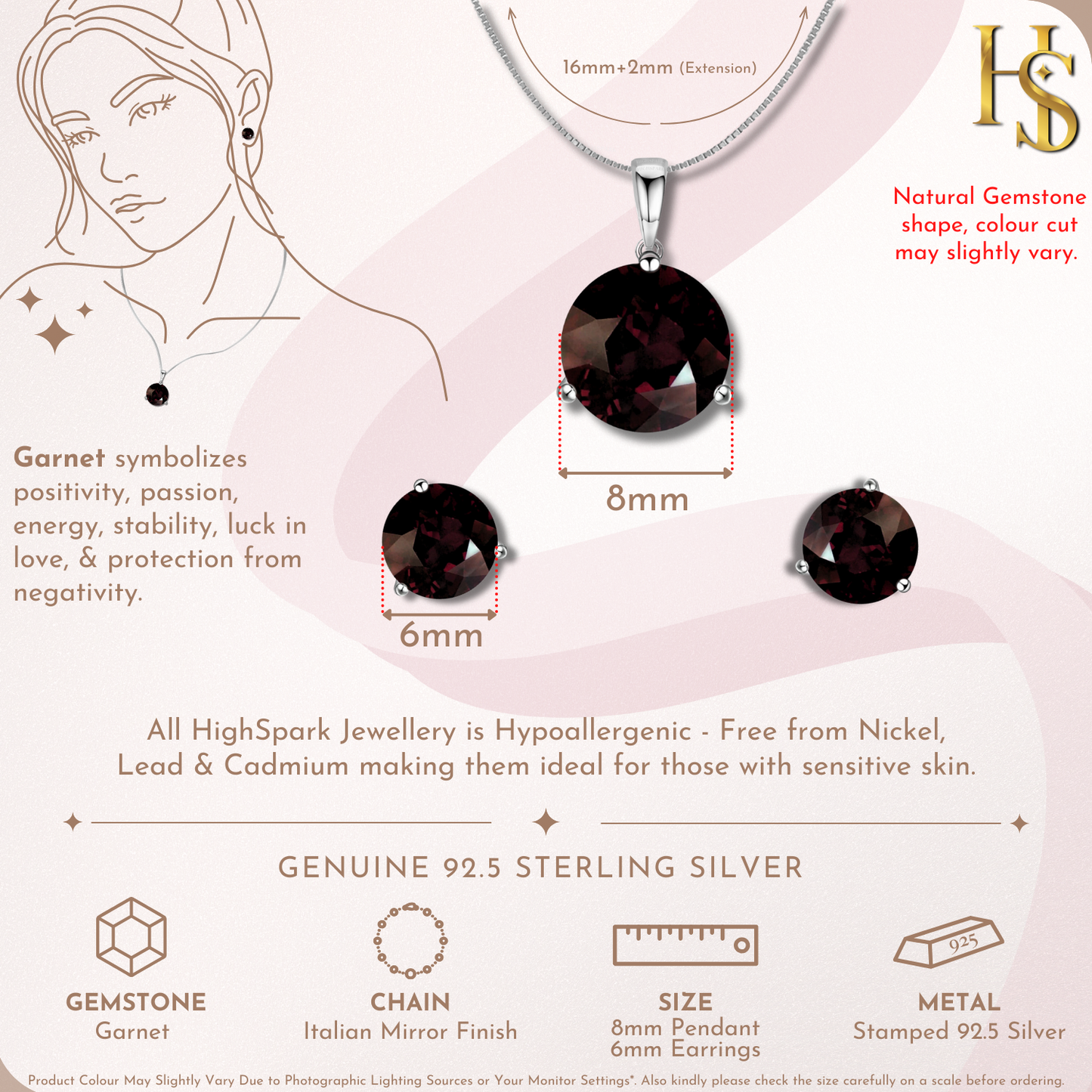 Garnet Gemstone Pendant-Set With Earrings in 925 Sterling Silver For Women