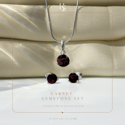 Garnet Gemstone Pendant-Set With Earrings in 925 Sterling Silver For Women