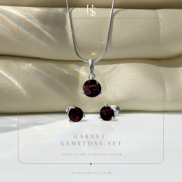 Garnet Gemstone Pendant-Set With Earrings in 925 Sterling Silver For Women