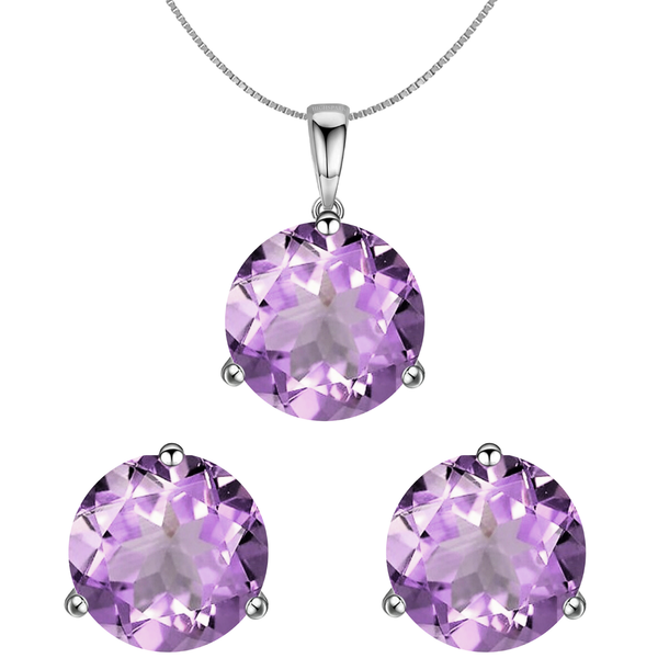 A pendant necklace and matching stud earrings set with large, round amethyst gemstones in a three-prong sterling silver setting.