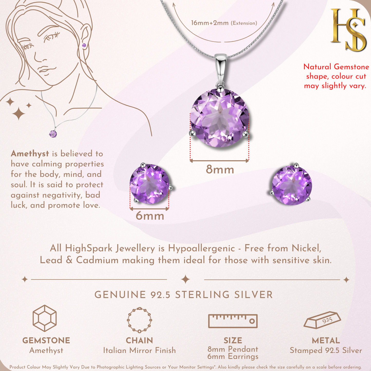 Amethyst Gemstone Pendant-Set With Earrings in 925 Sterling Silver For Women